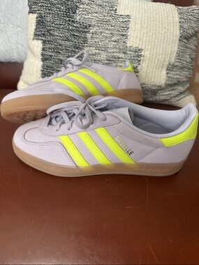 adidas Lavender Suede Gazelle Sneakers with Neon Yellow Stripes